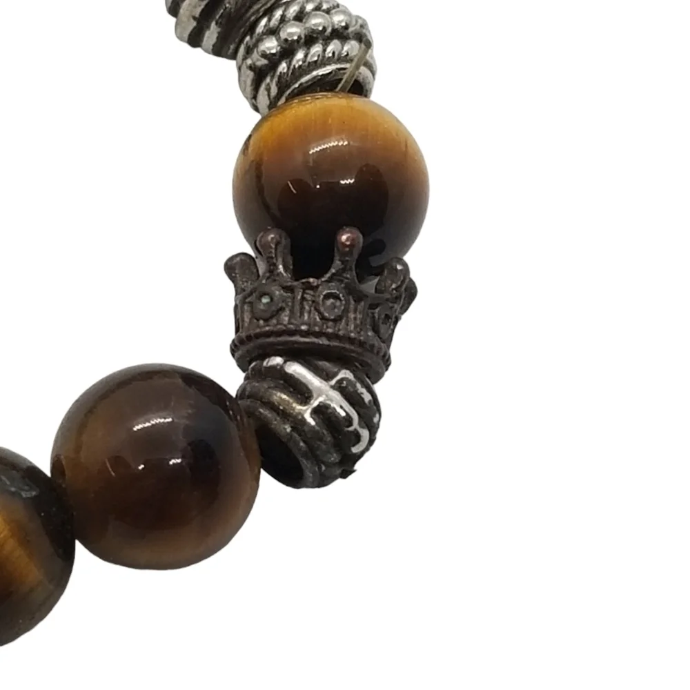 VINTAGE GENUINE TIGERS EYE GEMSTONE & CRYSTAL BEAD STRETCH BRACELET - Picture 6 of 6